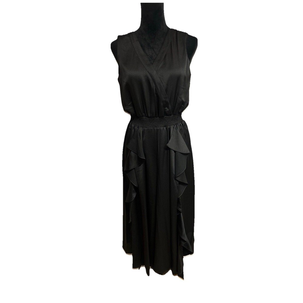 Karl Lagerfeld Paris Womens SP Black Midi Dress Sleeveless V Neck Ruffles Front